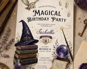 Invitation d'anniversaire sur le thème des sorciers - Modèle Canva à imprimer et à télécharger (modifiable)