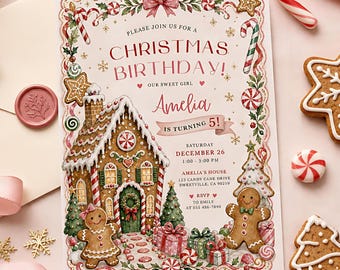 Pink Christmas Birthday Invitation Editable Template Pink Gingerbread Candy Cane Birthday Party Invite Printable PDF