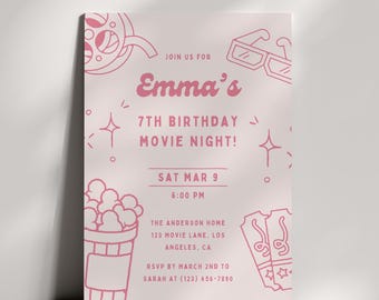 Popcorn Movie Night Birthday Invitation Pink Kids Party Evite Cinema Party Digital Birthday Template Slumber Party Invite Instant Download