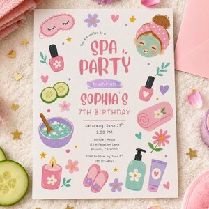 May include: A white rectangular invitation for Sophia's 7th birthday spa party. The design features pink and purple illustrations of a sleep mask, nail polish, cucumber slices, a face mask, a towel, a candle, slippers, and lotion with text details.