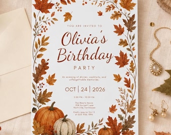 Fall Birthday Invitation Autumn Birthday Party Invite Pumpkin Leaves Rustic Neutral Canva Template Printable Digital Download