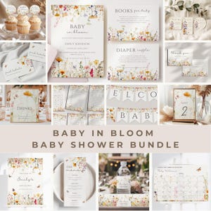 May include: A baby shower bundle featuring a floral theme. The bundle includes invitations, a diaper raffle card, a thank you card, a welcome sign, a drinks sign, a table number sign, a menu, a water bottle label, a calendar, and a game card. The floral design incorporates a range of flowers in shades of pink, yellow, and blue.