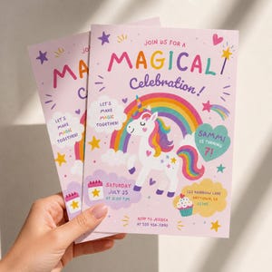 May include: A light pink invitation card featuring a white unicorn with a rainbow mane and tail, a colorful rainbow, stars, and hearts. The text reads: JOIN US FOR A MAGICAL CELEBRATION! LET'S MAKE MAGIC TOGETHER! SAMMI IS TURNING 7! SATURDAY JULY 25 AT 2:00 PM.