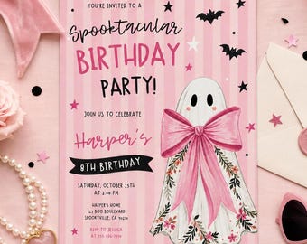 Halloween Birthday Invitation Spooktacular Birthday Party Invite Pink Ghost Birthday Editable Canva Template Printable Download