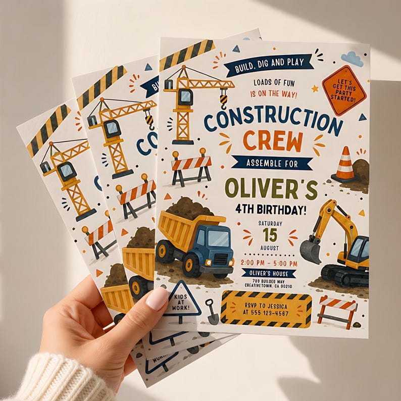 May include: A construction-themed birthday invitation card featuring illustrations of a crane, a dump truck, an excavator, and traffic cones. The text reads: Build, Dig and Play, Construction Crew, Assemble for Oliver's 4th Birthday, Saturday 15 August.