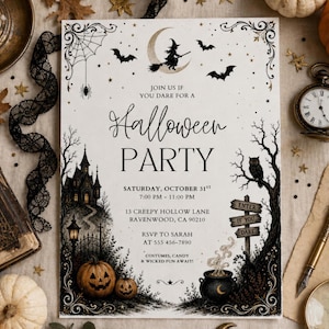 May include: A rectangular Halloween party invitation card featuring a black and white illustration of a witch on a crescent moon, bats, a haunted house, pumpkins, and a bubbling cauldron. The text reads: JOIN US IF YOU DARE FOR A Halloween PARTY, SATURDAY, OCTOBER 31ST, 7:00 PM - 11:00 PM, 13 CREEPY HOLLOW LANE, RAVENWOOD, CA 90210, RSVP TO SARAH AT 555 456-7890, COSTUMES, CANDY & WICKED FUN AWAIT!