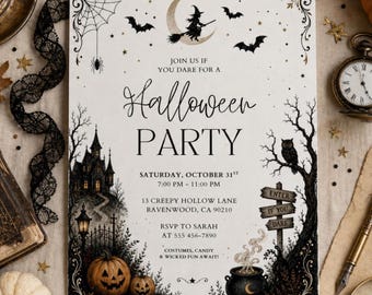 Halloween Party Invitation Vintage Halloween Invite Gothic Halloween Party Editable Canva Template Printable Download