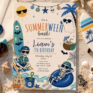 May include: A Summerween bash invitation for Liam's 7th birthday featuring cartoon skeletons in sunglasses, a surfboard, a coconut drink, a sandcastle, and a ghost. The text includes the date, time, location, and RSVP details for the event.