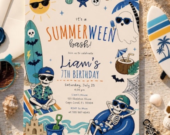 Spooky Summer Birthday Invitation Template Summerween Bash Invite Editable Halloween Beach Birthday Party Download