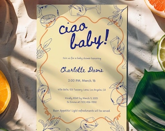 Ciao Baby Shower Invitation Hand Drawn Lemon Design Mediterranean Theme Digital Download Editable Canva Template Gender Neutral Whimsical