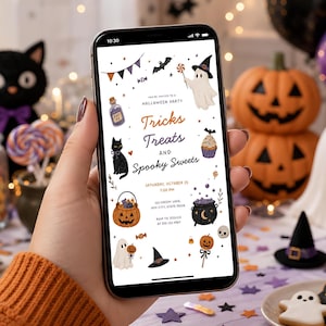 May include: A smartphone screen displaying a digital Halloween party invitation with the text Tricks Treats and Spooky Sweets, featuring illustrations of ghosts, a black cat, a jack-o'-lantern, a cauldron, and candy on a white background.