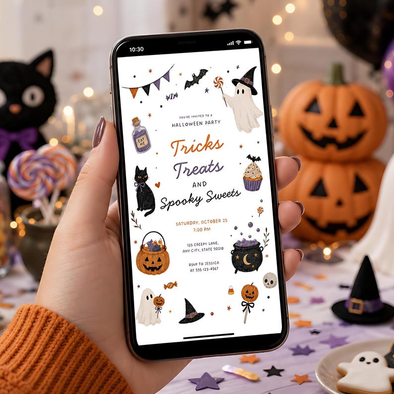 May include: A smartphone screen displaying a digital Halloween party invitation with the text Tricks Treats and Spooky Sweets, featuring illustrations of ghosts, a black cat, a jack-o'-lantern, a cauldron, and candy on a white background.