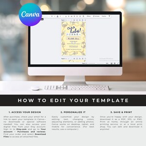 May include: A computer screen displaying a Canva design template for a baby shower invitation. The template features a yellow background with a floral design and the text "Ciao Baby!" in blue. The text "Charlotte Dems" is also included in blue. The screen shows instructions on how to edit and print the template.