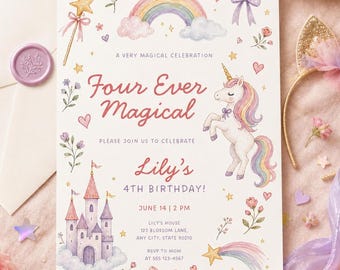 Four Ever Magical Birthday Invitation Template Unicorn 4th Birthday Invitation Editable Rainbow Castle Party Invite Girl Birthday