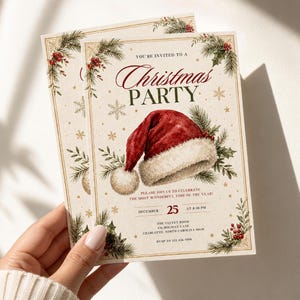 May include: A rectangular Christmas party invitation card featuring a red Santa hat in the center, surrounded by watercolor illustrations of pine branches, holly berries, and gold snowflakes. The text reads: You're invited to a Christmas Party.