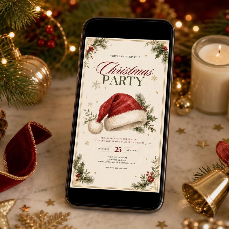 May include: A smartphone displaying a digital Christmas party invitation featuring a red Santa hat, holly, and pine branches. The text reads: You're invited to a Christmas Party, December 25 at 6:30 PM, The Velvet Room, 456 Holiday Lane, Charlotte, NC.