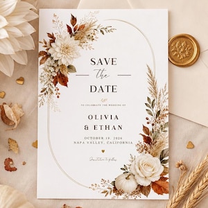 May include: A white Save the Date card featuring a gold arched frame, decorated with cream flowers, dried leaves, and small pumpkins. The text reads: Save the Date, to celebrate the wedding of Olivia & Ethan, October 18, 2026, Napa Valley, California.