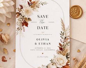 Save the Date wedding invitation fall theme editable template rustic autumn florals minimalist printable card modern boho design WIF01