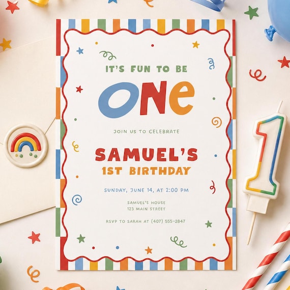 Fun to be One Birthday Invitation Boy First Birthday Invite Colorful Retro Rainbow Stripe 1st Birthday Boy Editable Canva Template FBO02