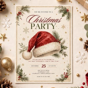 May include: A rectangular Christmas party invitation card featuring a watercolor Santa hat in the center, surrounded by pine branches, holly berries, and gold stars. The text reads: You're invited to a Christmas Party, December 25 at 8:30 PM.