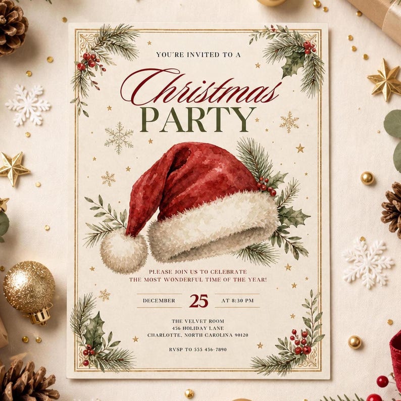 May include: A rectangular Christmas party invitation card featuring a watercolor Santa hat in the center, surrounded by pine branches, holly berries, and gold stars. The text reads: You're invited to a Christmas Party, December 25 at 8:30 PM.
