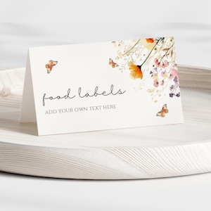 Modelo de etiqueta de comida para chá de bebê Bebê em flor Decoração para chá de bebê Design floral Tema de flores silvestres de primavera Download editável - BIB01