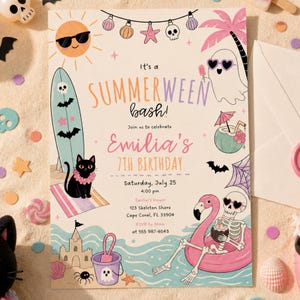 May include: A Summerween bash invitation for Emilia's 7th birthday on July 25 at 4:00 pm, 123 Skeleton Shore, Cape Coral, FL 33904. The card features a sun, surfboard, black cat, sandcastle, ghost, and skeleton in a pink flamingo floatie.