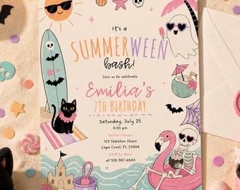 Summerween Bash Birthday Invitation Girl Spooky Beach Party Halloween Summer Invite Skeleton Flamingo Halloween Birthday Canva Template