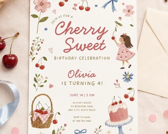 Cherry Sweet Birthday Invitation Template Cherry Birthday Invite Editable Floral Birthday Invitation Sweet Party Invite Digital Download
