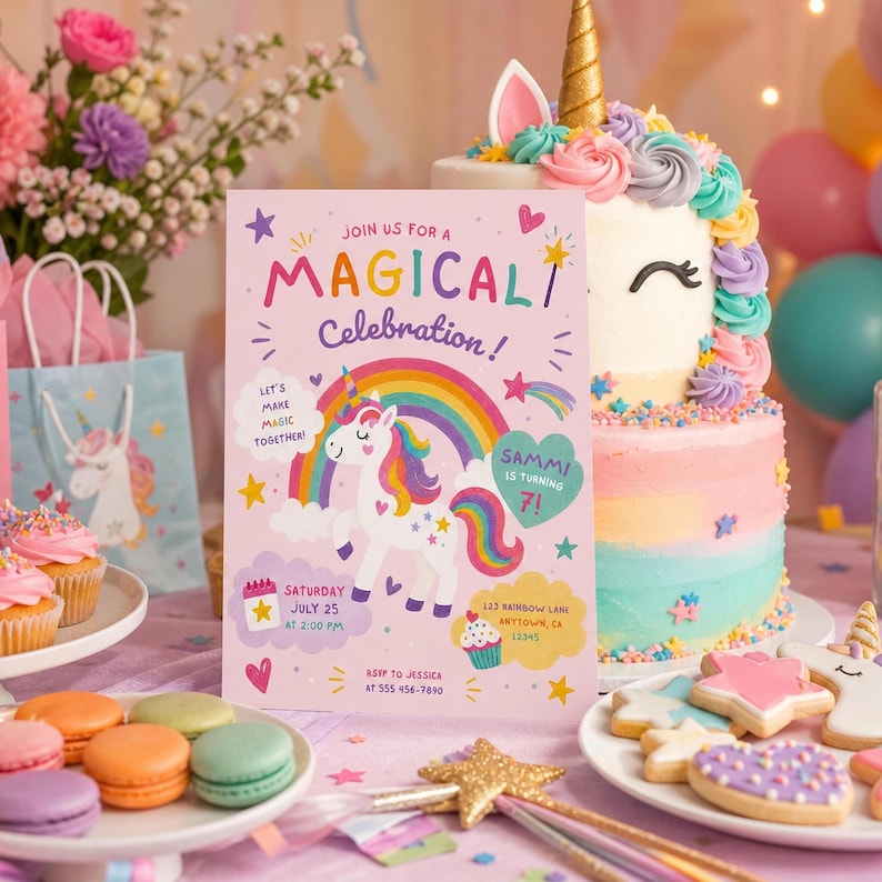 May include: A rectangular party invitation card featuring a white unicorn, a colorful rainbow, and the text JOIN US FOR A MAGICAL CELEBRATION, SAMMI IS TURNING 7, and event details, displayed next to a tiered unicorn cake and colorful macarons.