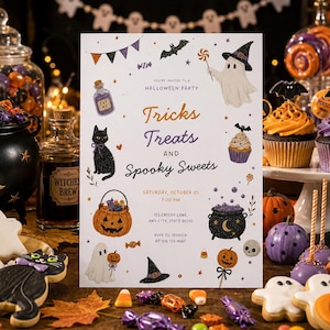 May include: A white Halloween party invitation card featuring illustrations of a ghost, black cat, jack-o'-lantern, and cauldron. The text reads: You're invited to a Halloween party, Tricks Treats and Spooky Sweets, Saturday, October 25, 7:00 PM.