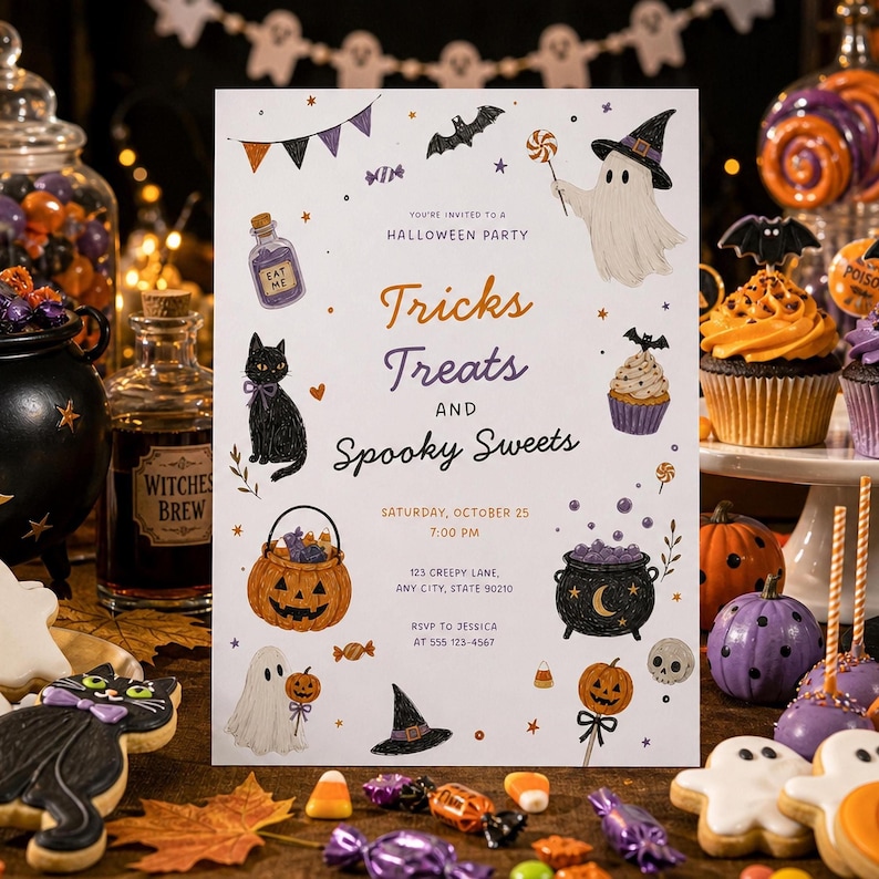 May include: A white Halloween party invitation card featuring illustrations of a ghost, black cat, jack-o'-lantern, and cauldron. The text reads: You're invited to a Halloween party, Tricks Treats and Spooky Sweets, Saturday, October 25, 7:00 PM.