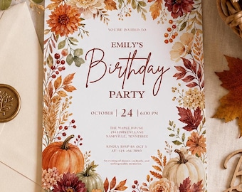 Fall Birthday Invitation Pumpkin Birthday Invitation Autumn Party Invite Boho Floral Canva Template Printable Download