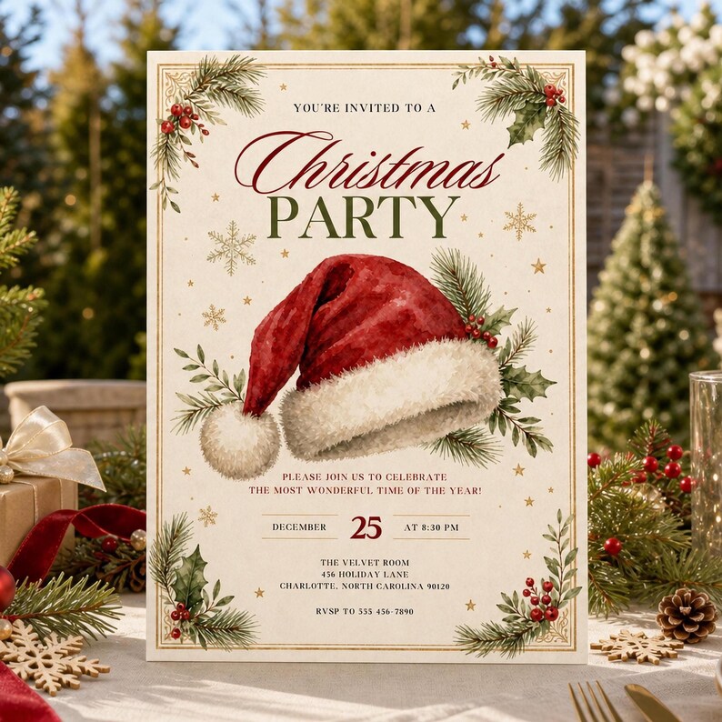 May include: A Christmas party invitation card featuring a watercolor Santa hat in the center, surrounded by pine branches, holly berries, and gold snowflakes. The text reads: You're invited to a Christmas party, December 25 at 8:30 PM.