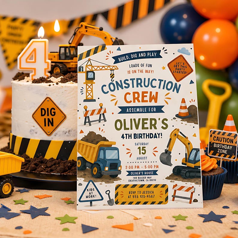 May include: A rectangular construction-themed birthday invitation card featuring illustrations of a crane, dump truck, and excavator. The text reads: Build, Dig and Play, Construction Crew, Oliver's 4th Birthday, Saturday 15 August, 2:00 PM - 5:00 PM, Oliver's House, 789 Builder Way, Creativetown, CA 00210, RSVP to Jessica at 555 123-4567.