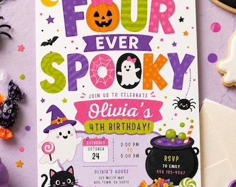 Four Ever Spooky Birthday Invitation Template Spooky 4th Birthday Invitation Editable Halloween Birthday Invite Ghost Party Digital Download