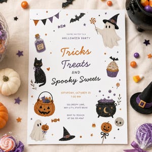 May include: A white Halloween party invitation card featuring illustrations of a ghost, black cat, jack-o'-lantern, cauldron, and witch hat. The text reads: You're invited to a Halloween party, Tricks Treats and Spooky Sweets, Saturday, October 25, 7:00 PM, 123 Creepy Lane, Any City, State 90210, RSVP to Jessica at 555 123-4567.