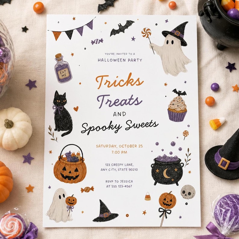 May include: A white Halloween party invitation card featuring illustrations of a ghost, black cat, jack-o'-lantern, cauldron, and witch hat. The text reads: You're invited to a Halloween party, Tricks Treats and Spooky Sweets, Saturday, October 25, 7:00 PM, 123 Creepy Lane, Any City, State 90210, RSVP to Jessica at 555 123-4567.