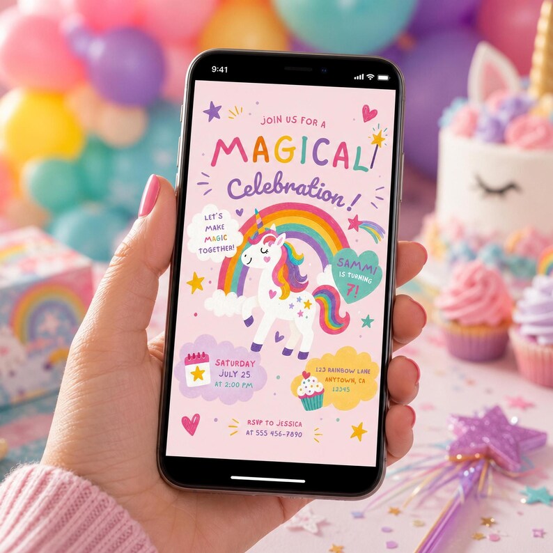 May include: A digital invitation on a smartphone screen featuring a white unicorn with a rainbow mane, a colorful rainbow, and pink background. Text includes JOIN US FOR A MAGICAL CELEBRATION, SAMMI IS TURNING 7, SATURDAY JULY 25 AT 2:00 PM, and RSVP TO JESSICA.
