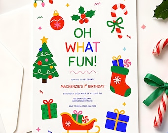 Invitation d'anniversaire de Noël « Oh What Fun » - Invitation pour une fête d'anniversaire de Noël ou d'hiver - Modèle Canva modifiable - Garçon/Fille - Anniversaire en décembre, Noël ou hiver