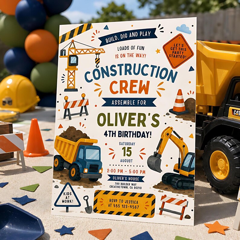 May include: A rectangular birthday invitation card featuring construction-themed graphics including a crane, dump truck, excavator, and traffic cones. The text reads: Build, Dig and Play, Construction Crew, Oliver's 4th Birthday, Saturday 15 August.