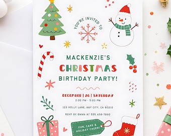 Invitation d'anniversaire de Noël, fête d'anniversaire d'hiver, bonhomme de neige, Noël, décembre, garçon, fille, vacances, modèle Canva modifiable et imprimable