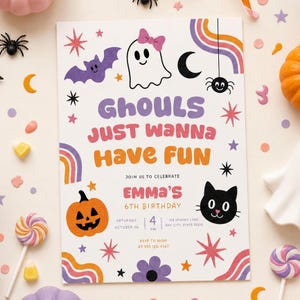 Inbjudan till födelsedagsfest med spöken, Halloweenflicka, födelsedagsfest, retro, groovy spöke, redigerbar Canvas-mall, utskrivbar