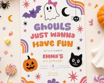 Ghouls Just Wanna Have Fun Birthday Invitation Halloween Girl Birthday Party Invite Retro Groovy Ghost Editable Canva Template Printable