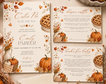 Cutie pie on the way baby shower invite template set with diaper raffle and books for baby cards autumn printable CPW01