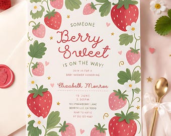 Berry Sweet Baby Shower Invitation Editable Canva Template Strawberry Baby Shower Invite Girl Printable Digital Download