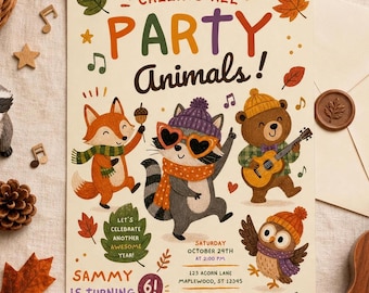 Fall Birthday Invitation Woodland Animals Birthday Invite Calling All Party Animals Canva Template Printable Download