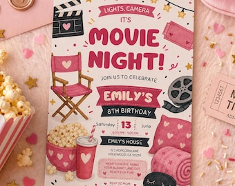 Movie Night Birthday Invitation Girl Lights Camera Action Sleepover Party Invite Pink Popcorn Girls Night Editable Canva Template