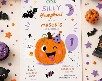 Pumpkin First Birthday Invitation Halloween Birthday Invite One Silly Pumpkin Party Ghost Pumpkin Canva Template Printable Download