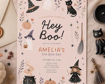 Girl Halloween Birthday Invitation Template Hey Boo Birthday Invite Editable Ghost Witch Party Digital Download